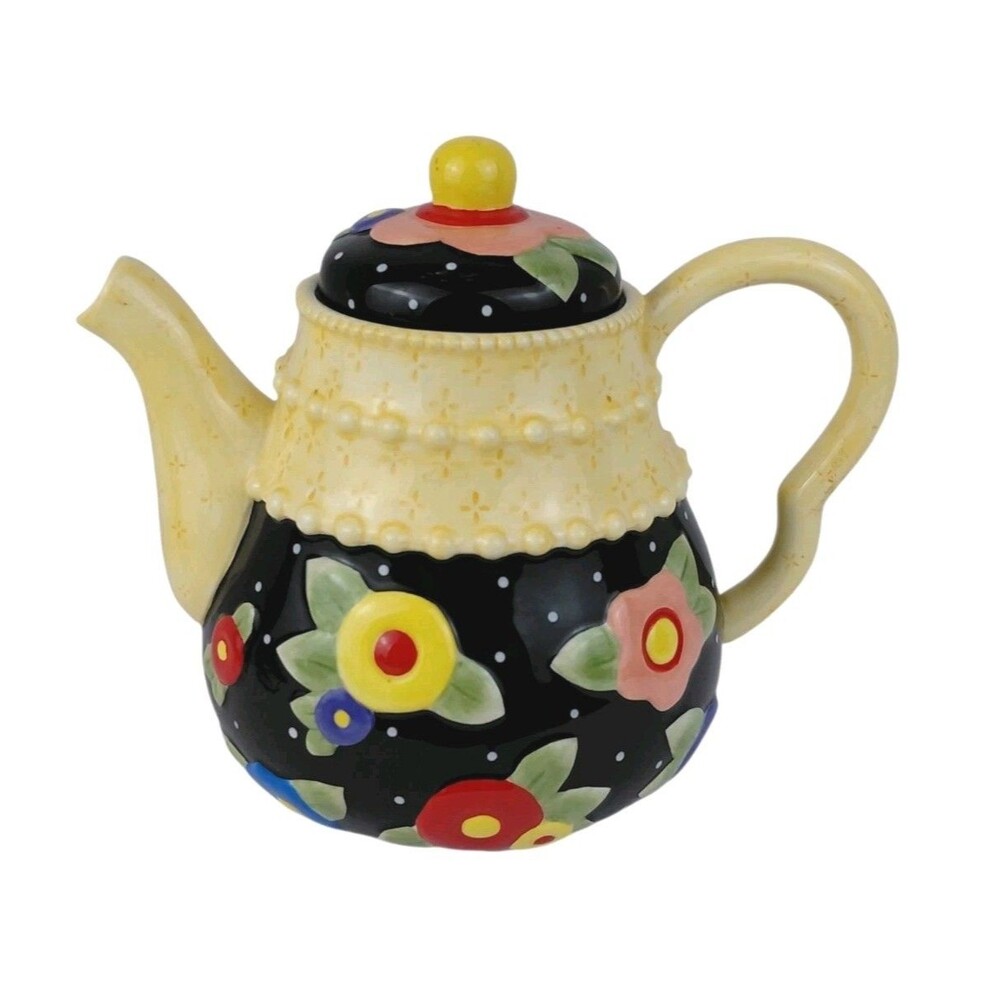 Mary Engelbreit Yellow Black Teapot Red Blue Flowers  Vintage EUC